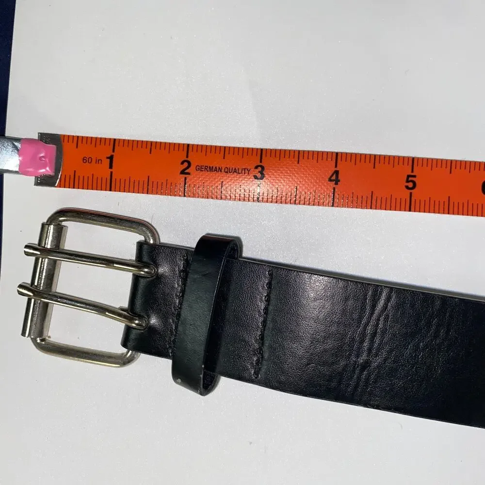 Black Faux Leather Double Prong Belt Silver-Tone Hardware Women's